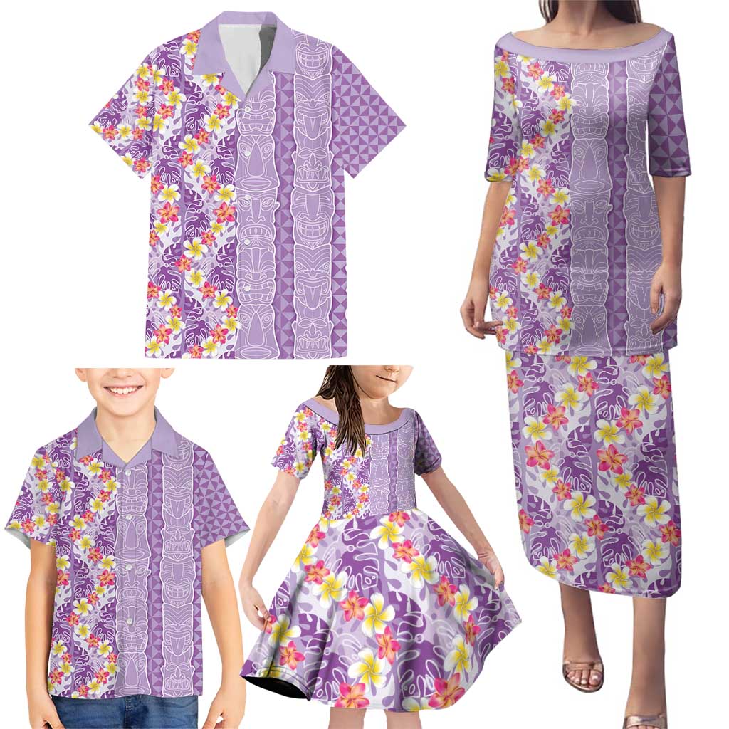 Lush Lilac Aloha Hawaii Tiki Family Matching Puletasi and Hawaiian Shirt Tropical Plumeria - Seamless Style