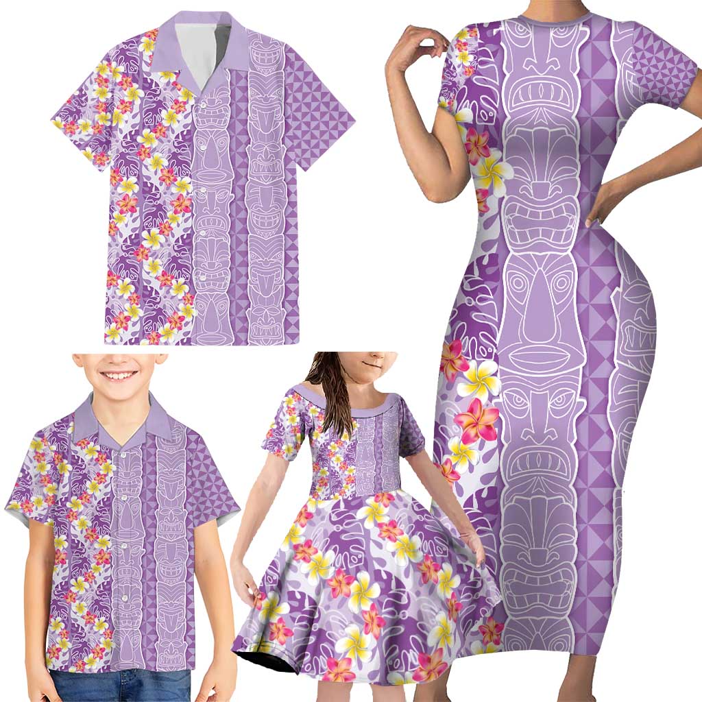 Lush Lilac Aloha Hawaii Tiki Family Matching Short Sleeve Bodycon Dress and Hawaiian Shirt Tropical Plumeria - Seamless Style