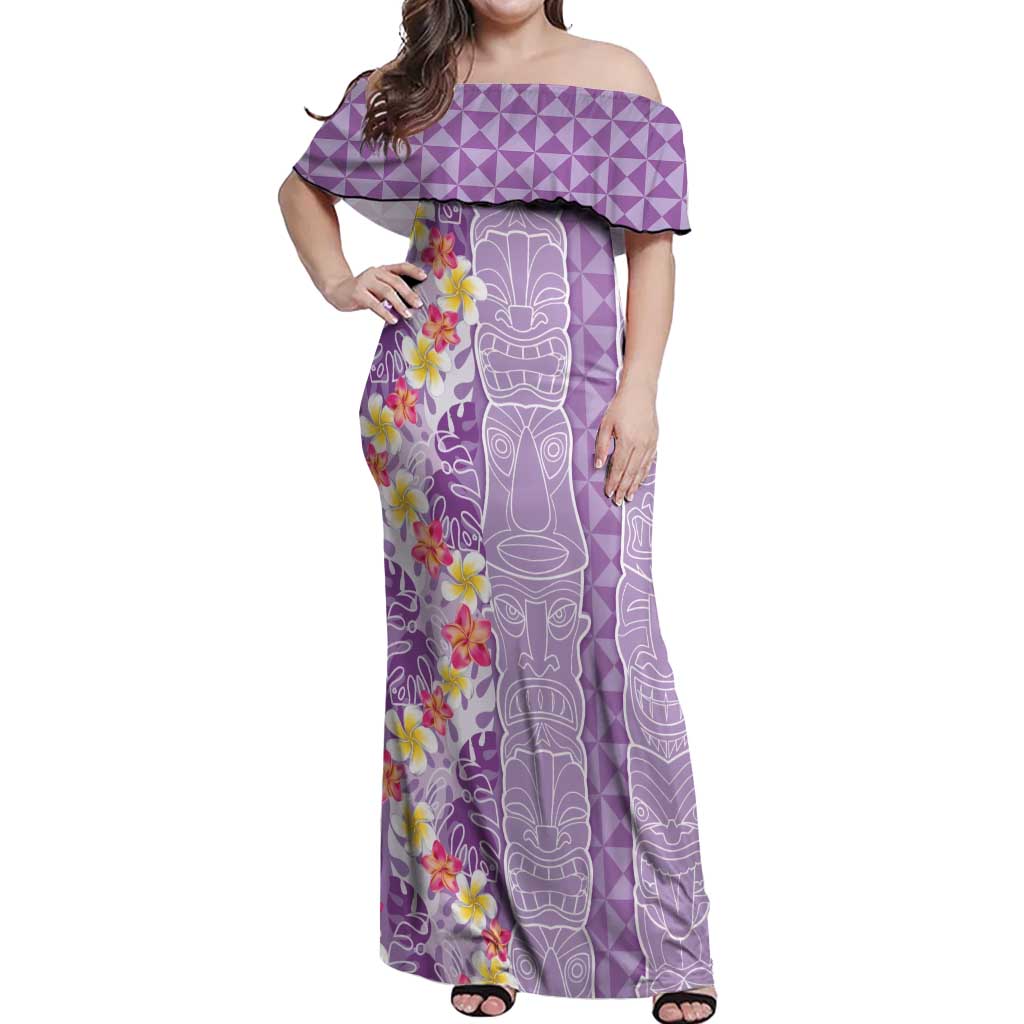 Lush Lilac Aloha Hawaii Tiki Off Shoulder Maxi Dress Tropical Plumeria - Seamless Style LT14 Women Purple - Polynesian Pride