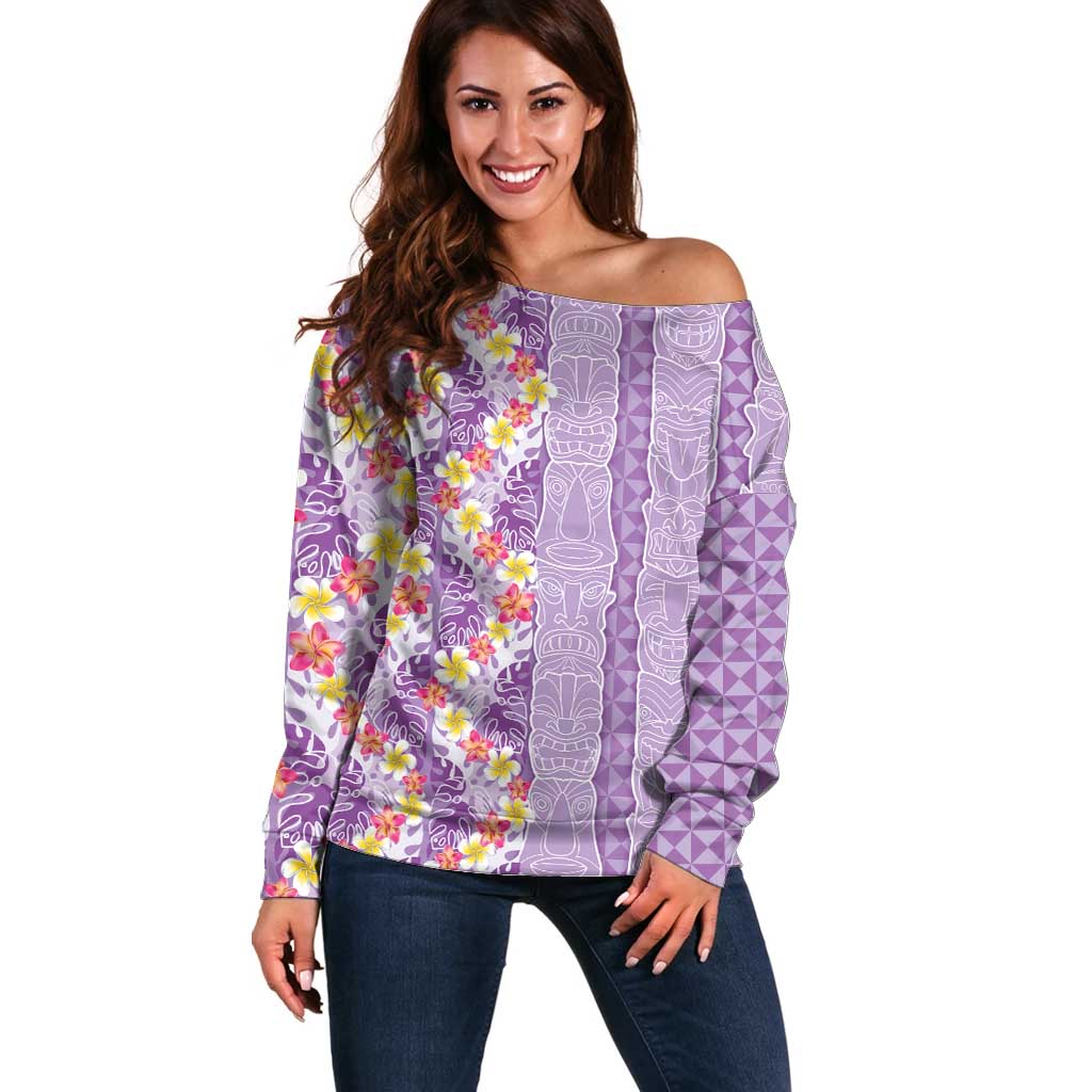 Lush Lilac Aloha Hawaii Tiki Off Shoulder Sweater Tropical Plumeria - Seamless Style