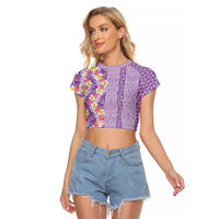 Lush Lilac Aloha Hawaii Tiki Raglan Cropped T Shirt Tropical Plumeria - Seamless Style LT14 Female Purple - Polynesian Pride