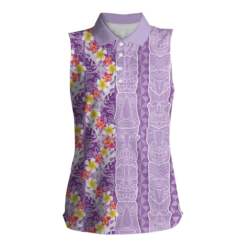 Lush Lilac Aloha Hawaii Tiki Women Sleeveless Polo Shirt Tropical Plumeria - Seamless Style