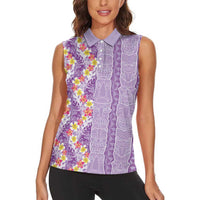 Lush Lilac Aloha Hawaii Tiki Women Sleeveless Polo Shirt Tropical Plumeria - Seamless Style