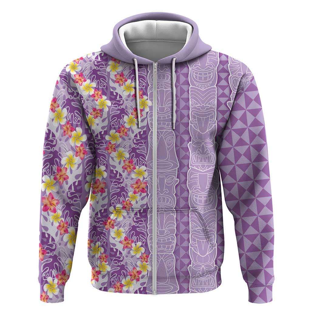 Lush Lilac Aloha Hawaii Tiki Zip Hoodie Tropical Plumeria - Seamless Style