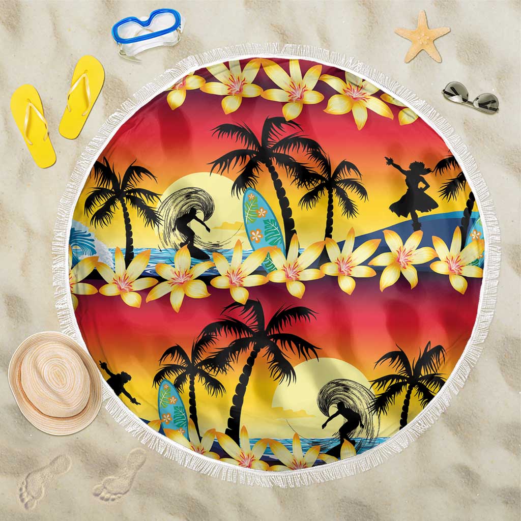 Tropical Islands Sunset Hawaii Beach Blanket Go Surfing With Hula Girl - Summer Vibes