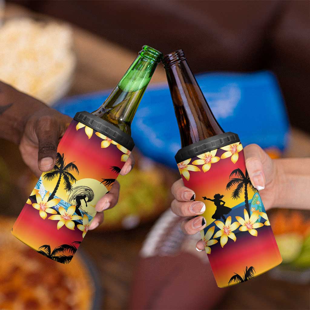 Tropical Islands Sunset Hawaii 4 in 1 Can Cooler Tumbler Go Surfing With Hula Girl - Summer Vibes