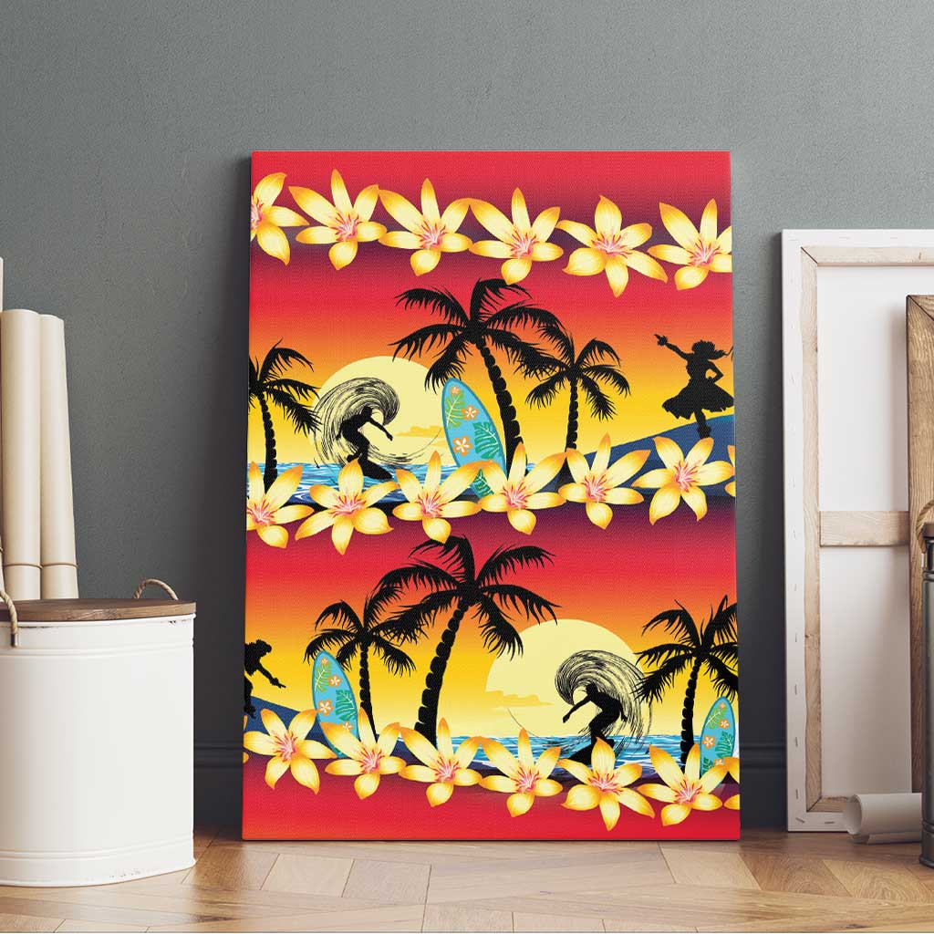 Tropical Islands Sunset Hawaii Canvas Wall Art Go Surfing With Hula Girl - Summer Vibes