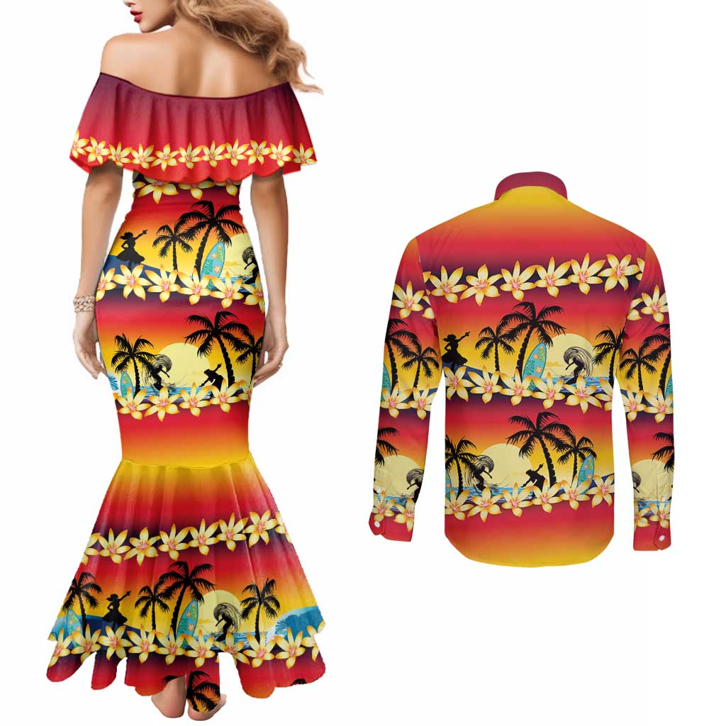 Tropical Islands Sunset Hawaii Couples Matching Mermaid Dress and Long Sleeve Button Shirt Go Surfing With Hula Girl - Summer Vibes