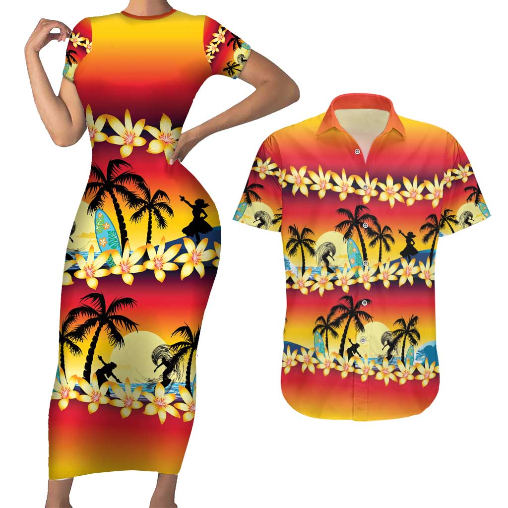 Tropical Islands Sunset Hawaii Couples Matching Short Sleeve Bodycon Dress and Hawaiian Shirt Go Surfing With Hula Girl - Summer Vibes LT14 Red - Polynesian Pride