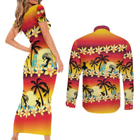 Tropical Islands Sunset Hawaii Couples Matching Short Sleeve Bodycon Dress and Long Sleeve Button Shirt Go Surfing With Hula Girl - Summer Vibes