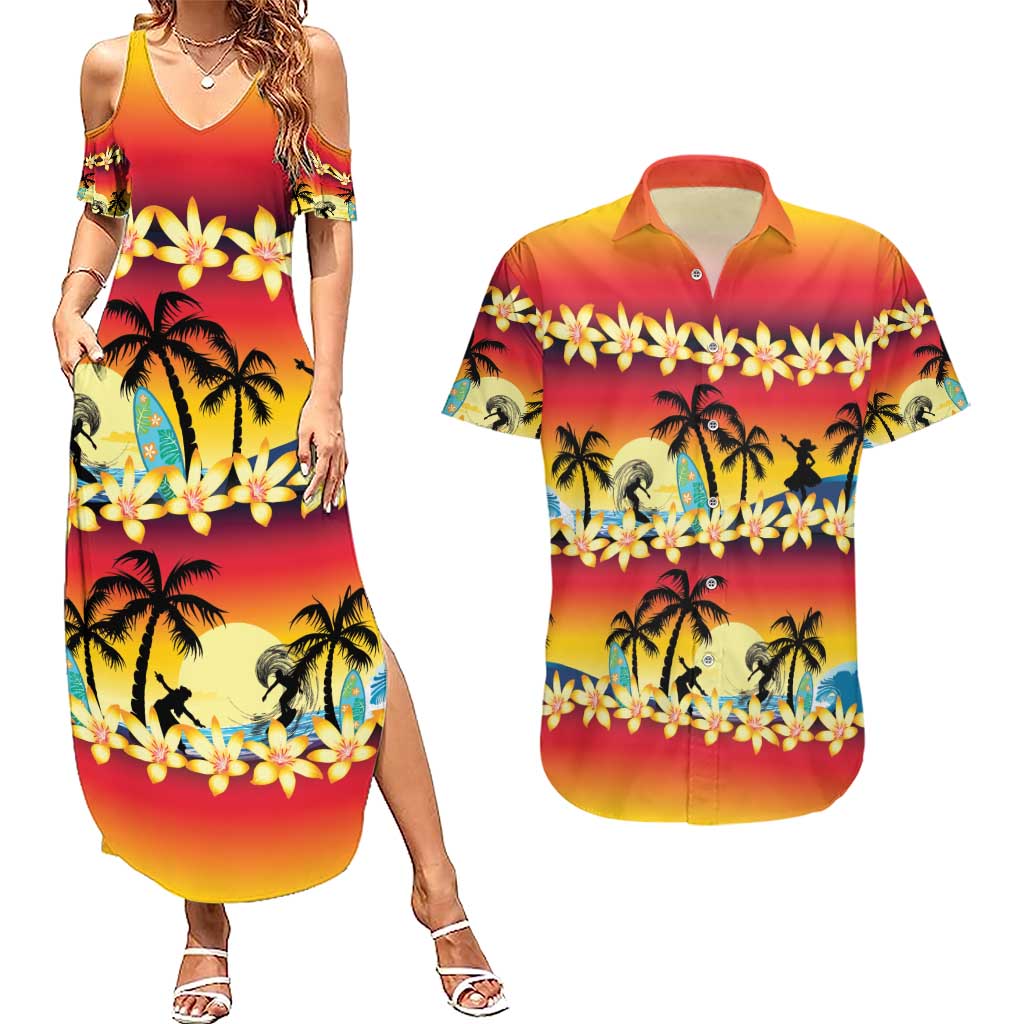 Tropical Islands Sunset Hawaii Couples Matching Summer Maxi Dress and Hawaiian Shirt Go Surfing With Hula Girl - Summer Vibes