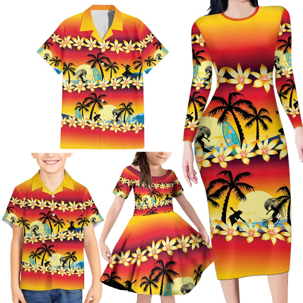 Tropical Islands Sunset Hawaii Family Matching Long Sleeve Bodycon Dress and Hawaiian Shirt Go Surfing With Hula Girl - Summer Vibes