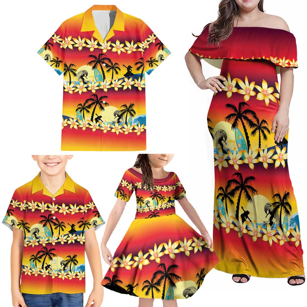 Tropical Islands Sunset Hawaii Family Matching Off Shoulder Maxi Dress and Hawaiian Shirt Go Surfing With Hula Girl - Summer Vibes