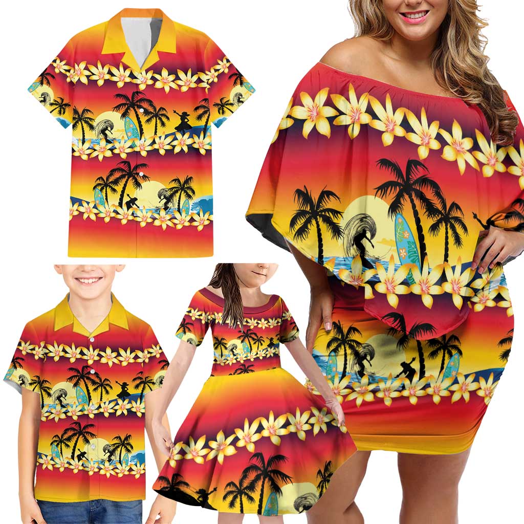 Tropical Islands Sunset Hawaii Family Matching Off Shoulder Short Dress and Hawaiian Shirt Go Surfing With Hula Girl - Summer Vibes