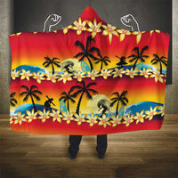 Tropical Islands Sunset Hawaii Hooded Blanket Go Surfing With Hula Girl - Summer Vibes