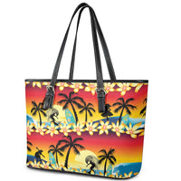 Tropical Islands Sunset Hawaii Leather Tote Bag Go Surfing With Hula Girl - Summer Vibes