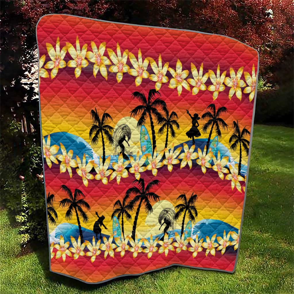 Tropical Islands Sunset Hawaii Quilt Go Surfing With Hula Girl - Summer Vibes