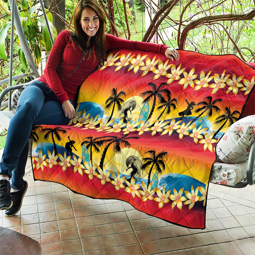 Tropical Islands Sunset Hawaii Quilt Go Surfing With Hula Girl - Summer Vibes