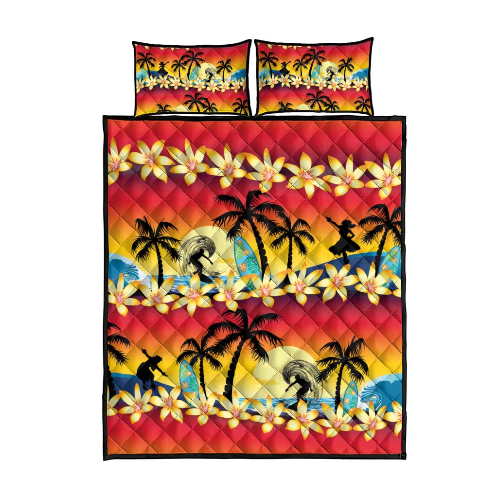 Tropical Islands Sunset Hawaii Quilt Bed Set Go Surfing With Hula Girl - Summer Vibes