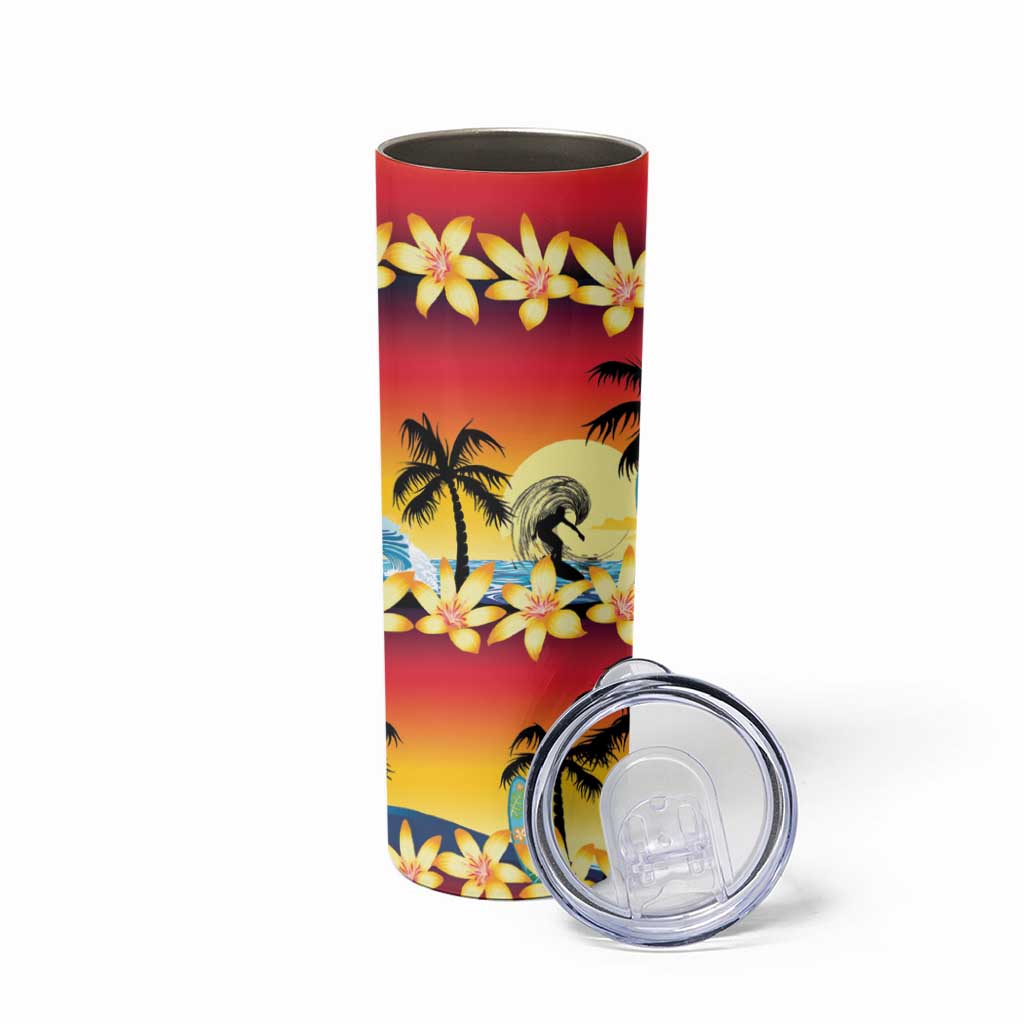 Tropical Islands Sunset Hawaii Skinny Tumbler Go Surfing With Hula Girl - Summer Vibes