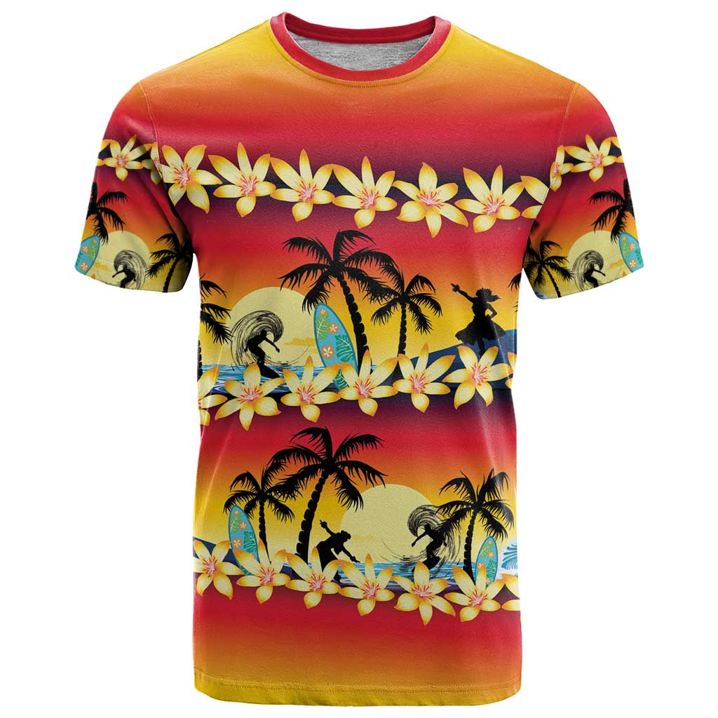 Tropical Islands Sunset Hawaii T Shirt Go Surfing With Hula Girl - Summer Vibes