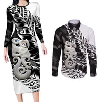 Aotearoa Manaia NZ Maori Silver Fern Couples Matching Long Sleeve Bodycon Dress and Long Sleeve Button Shirt LT14 Black - Polynesian Pride