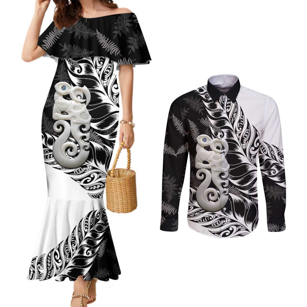 Aotearoa Manaia NZ Maori Silver Fern Couples Matching Mermaid Dress and Long Sleeve Button Shirt LT14 Black - Polynesian Pride