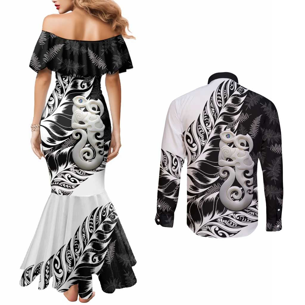 Aotearoa Manaia NZ Maori Silver Fern Couples Matching Mermaid Dress and Long Sleeve Button Shirt LT14 - Polynesian Pride