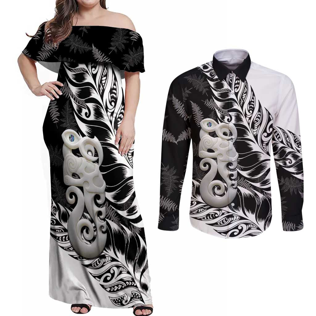 Aotearoa Manaia NZ Maori Silver Fern Couples Matching Off Shoulder Maxi Dress and Long Sleeve Button Shirt LT14 Black - Polynesian Pride