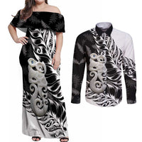 Aotearoa Manaia NZ Maori Silver Fern Couples Matching Off Shoulder Maxi Dress and Long Sleeve Button Shirt LT14 Black - Polynesian Pride