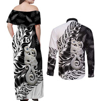 Aotearoa Manaia NZ Maori Silver Fern Couples Matching Off Shoulder Maxi Dress and Long Sleeve Button Shirt LT14 - Polynesian Pride