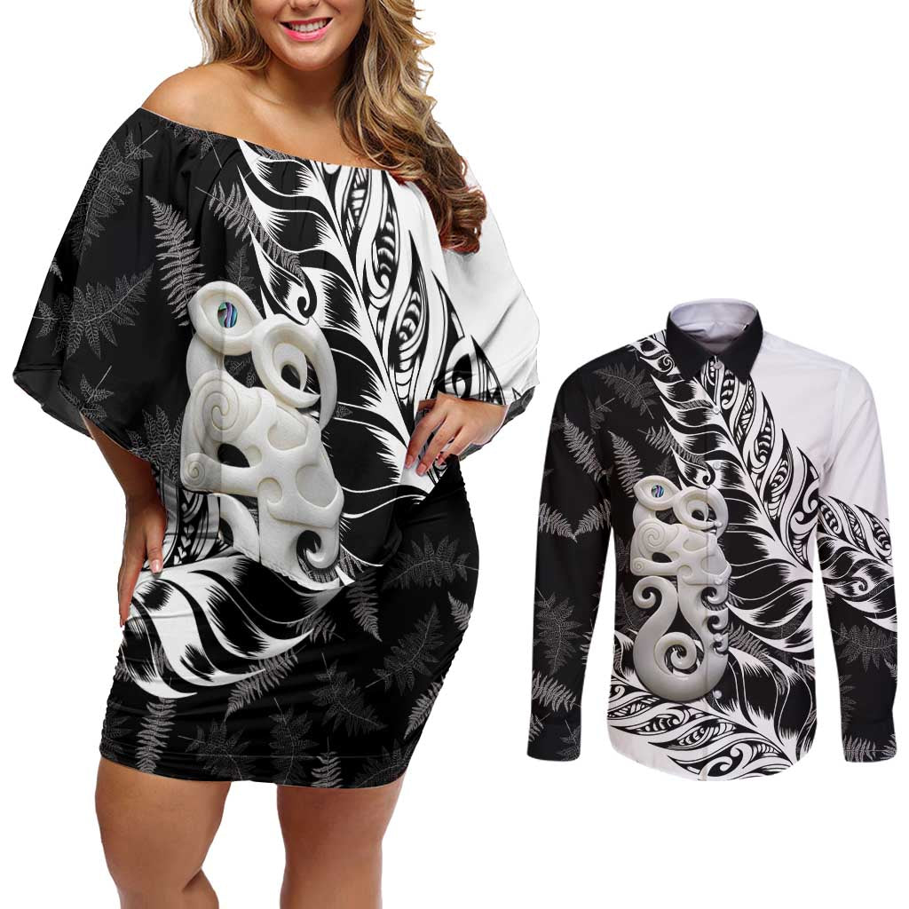 Aotearoa Manaia NZ Maori Silver Fern Couples Matching Off Shoulder Short Dress and Long Sleeve Button Shirt LT14 Black - Polynesian Pride