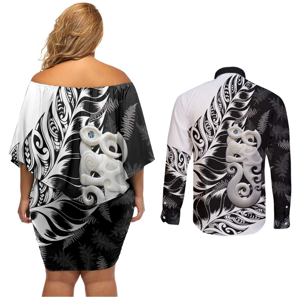Aotearoa Manaia NZ Maori Silver Fern Couples Matching Off Shoulder Short Dress and Long Sleeve Button Shirt LT14 - Polynesian Pride