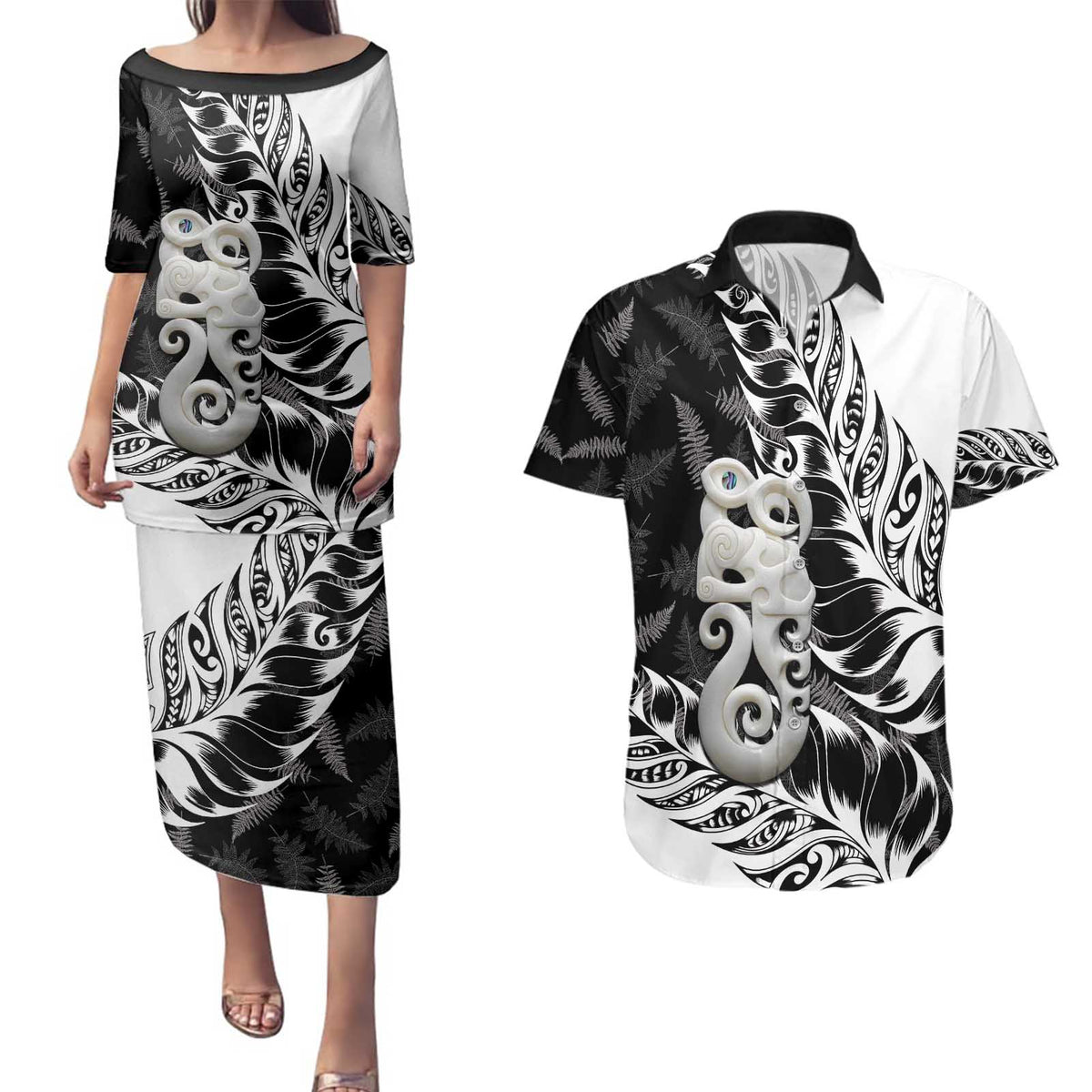 Aotearoa Manaia NZ Maori Silver Fern Couples Matching Puletasi and Hawaiian Shirt LT14 Black - Polynesian Pride