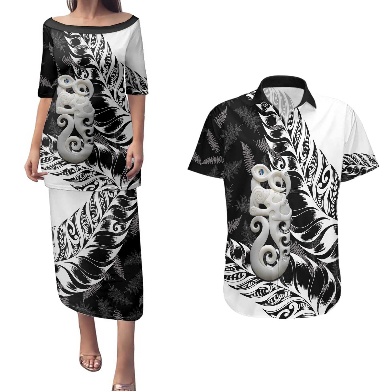 Aotearoa Manaia NZ Maori Silver Fern Couples Matching Puletasi and Hawaiian Shirt LT14 Black - Polynesian Pride