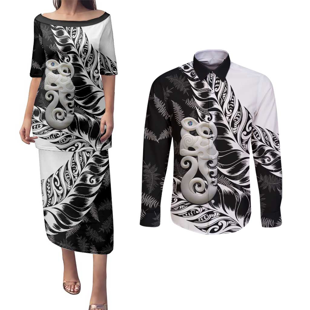 Aotearoa Manaia NZ Maori Silver Fern Couples Matching Puletasi and Long Sleeve Button Shirt LT14 Black - Polynesian Pride