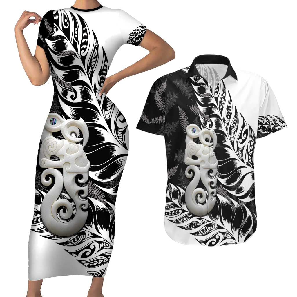 Aotearoa Manaia NZ Maori Silver Fern Couples Matching Short Sleeve Bodycon Dress and Hawaiian Shirt LT14 Black - Polynesian Pride