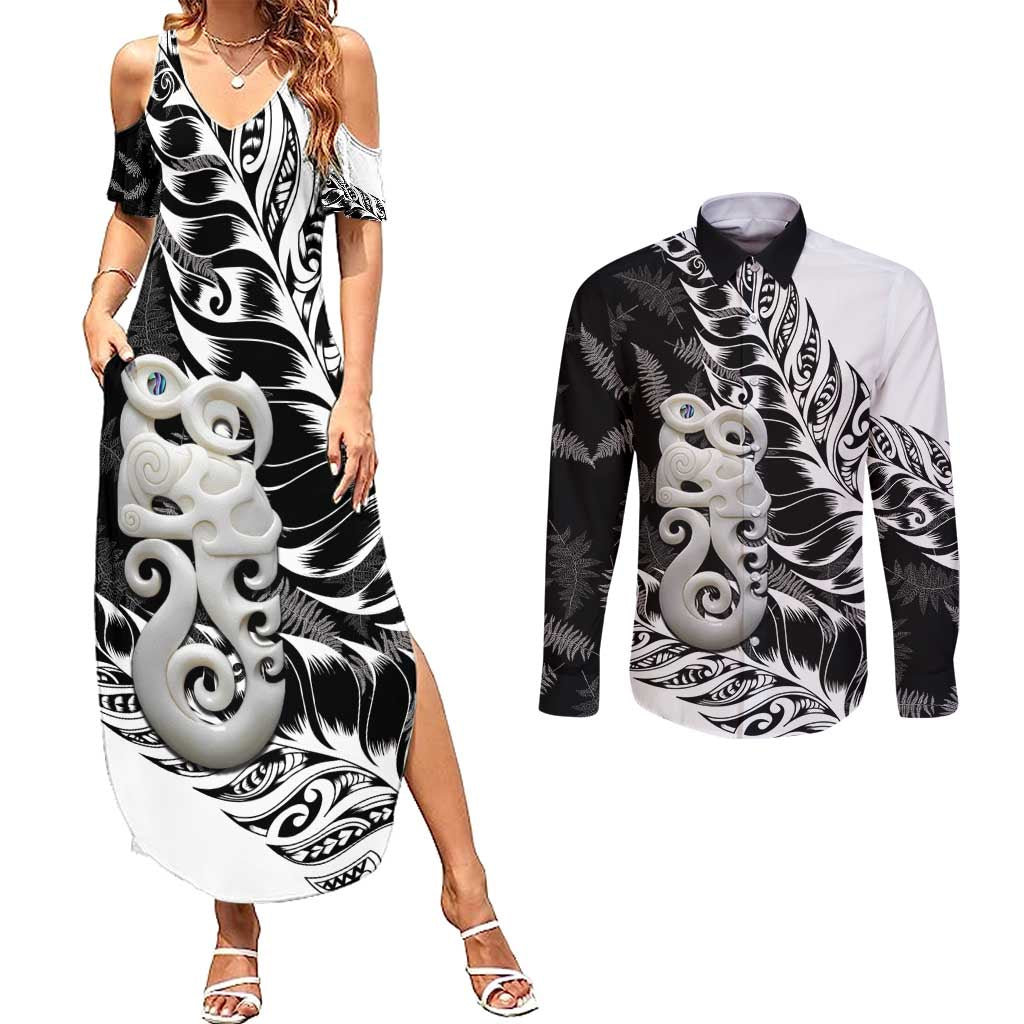 Aotearoa Manaia NZ Maori Silver Fern Couples Matching Summer Maxi Dress and Long Sleeve Button Shirt LT14 Black - Polynesian Pride