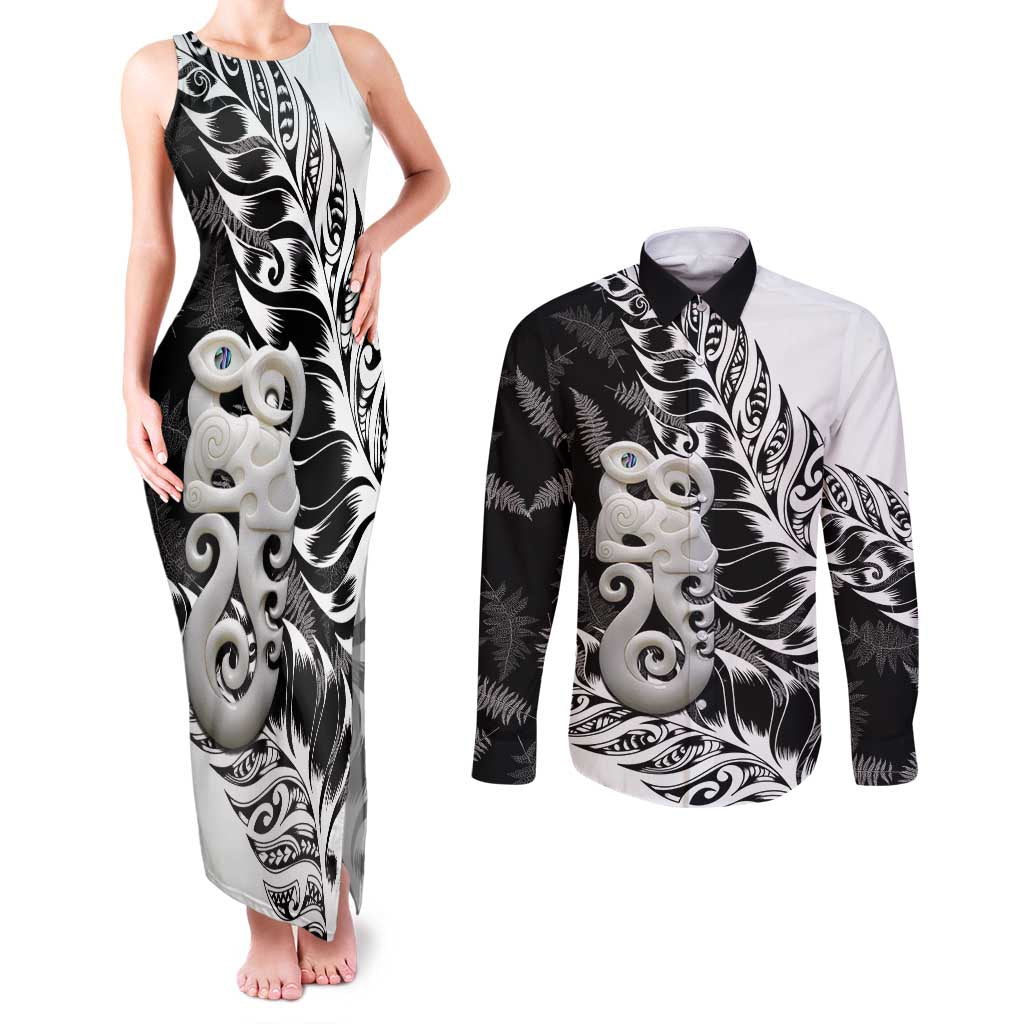 Aotearoa Manaia NZ Maori Silver Fern Couples Matching Tank Maxi Dress and Long Sleeve Button Shirt LT14 Black - Polynesian Pride