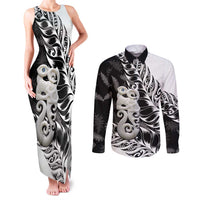 Aotearoa Manaia NZ Maori Silver Fern Couples Matching Tank Maxi Dress and Long Sleeve Button Shirt LT14 Black - Polynesian Pride