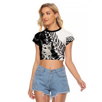 Aotearoa Manaia NZ Maori Silver Fern Raglan Cropped T Shirt LT14 Female Black - Polynesian Pride