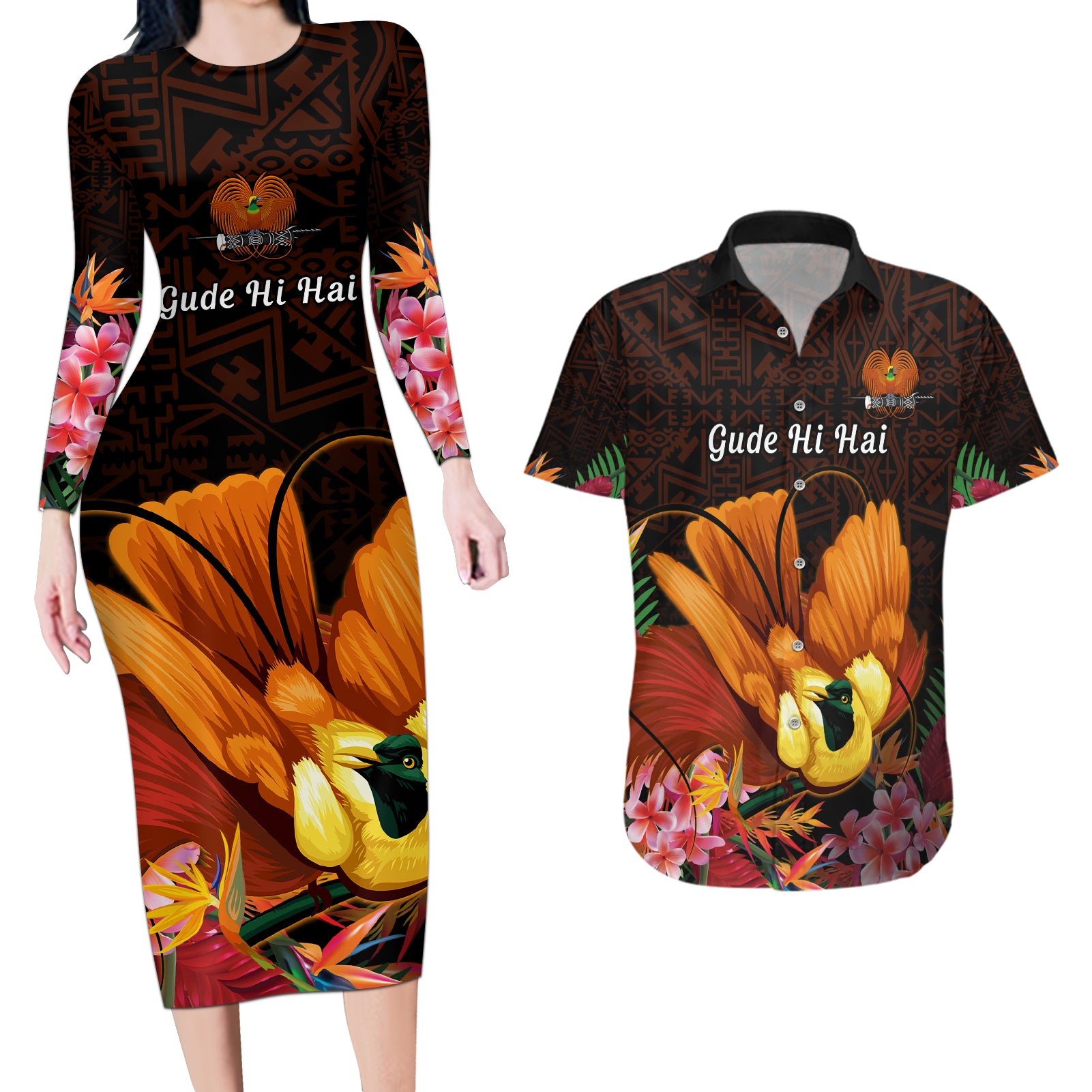 Gude Hi Hai Papua New Guinea Couples Matching Long Sleeve Bodycon Dress and Hawaiian Shirt Motuan PNG Raggiana Bird of Paradise Tropical Vibes LT14 Black - Polynesian Pride