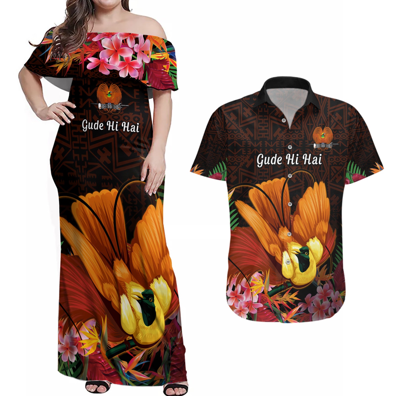 Gude Hi Hai Papua New Guinea Couples Matching Off Shoulder Maxi Dress and Hawaiian Shirt Motuan PNG Raggiana Bird of Paradise Tropical Vibes LT14 Black - Polynesian Pride