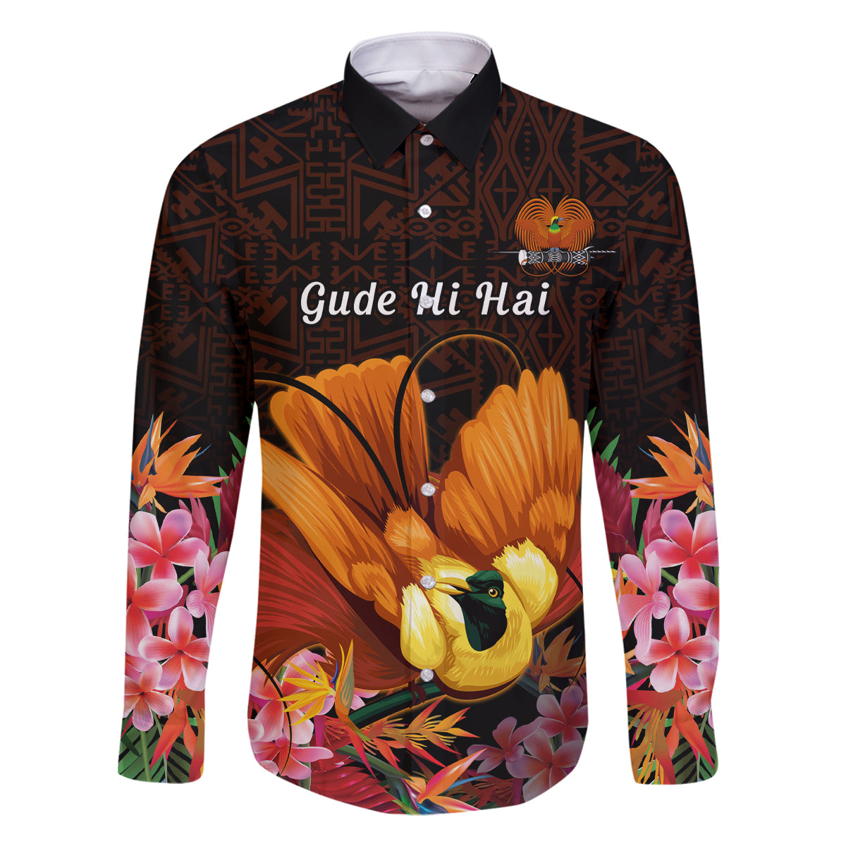 Gude Hi Hai Papua New Guinea Family Matching Mermaid Dress and Hawaiian Shirt Motuan PNG Raggiana Bird of Paradise Tropical Vibes LT14 Dad's Shirt - Long Sleeve Black - Polynesian Pride