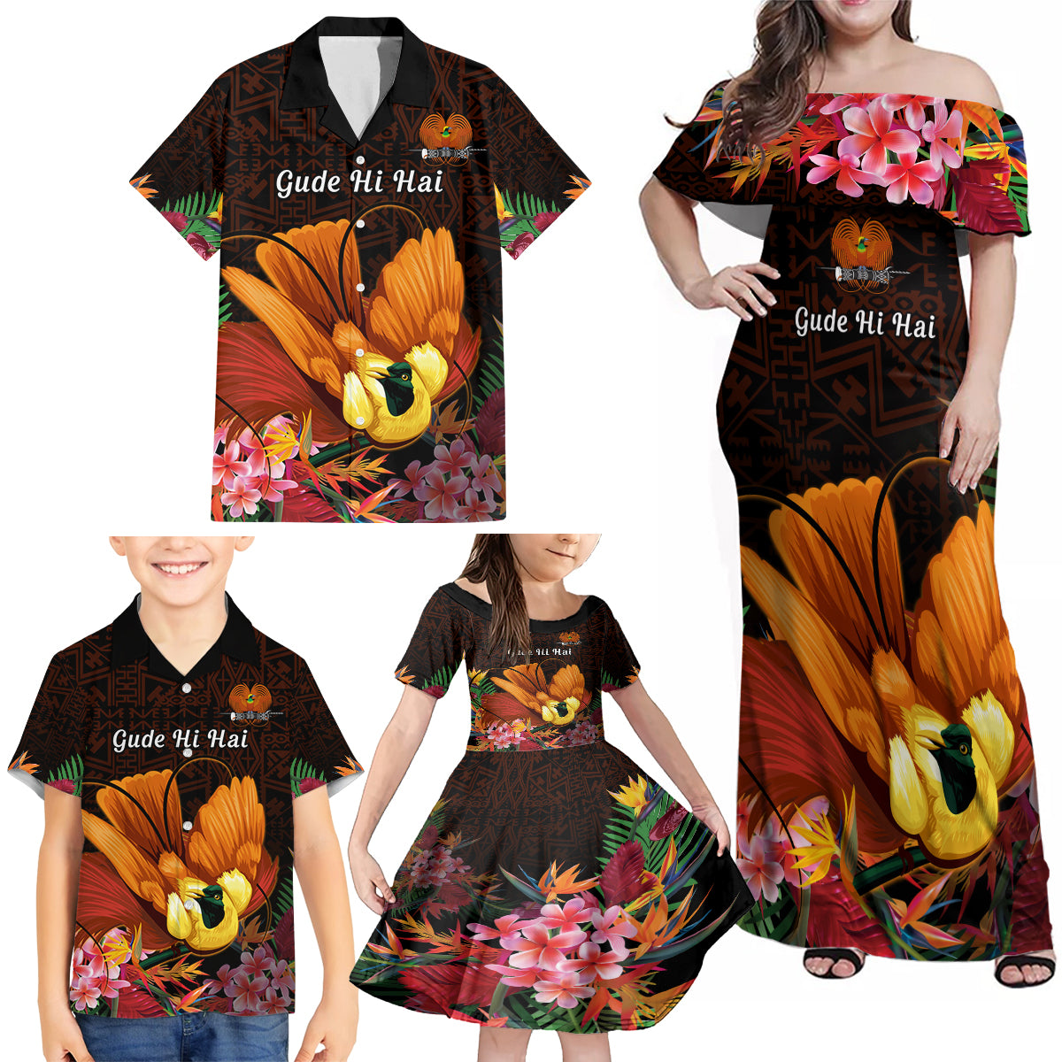 Gude Hi Hai Papua New Guinea Family Matching Off Shoulder Maxi Dress and Hawaiian Shirt Motuan PNG Raggiana Bird of Paradise Tropical Vibes LT14 - Polynesian Pride