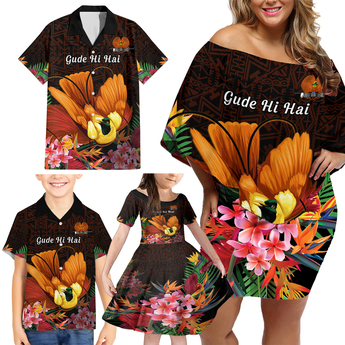 Gude Hi Hai Papua New Guinea Family Matching Off Shoulder Short Dress and Hawaiian Shirt Motuan PNG Raggiana Bird of Paradise Tropical Vibes LT14 - Polynesian Pride