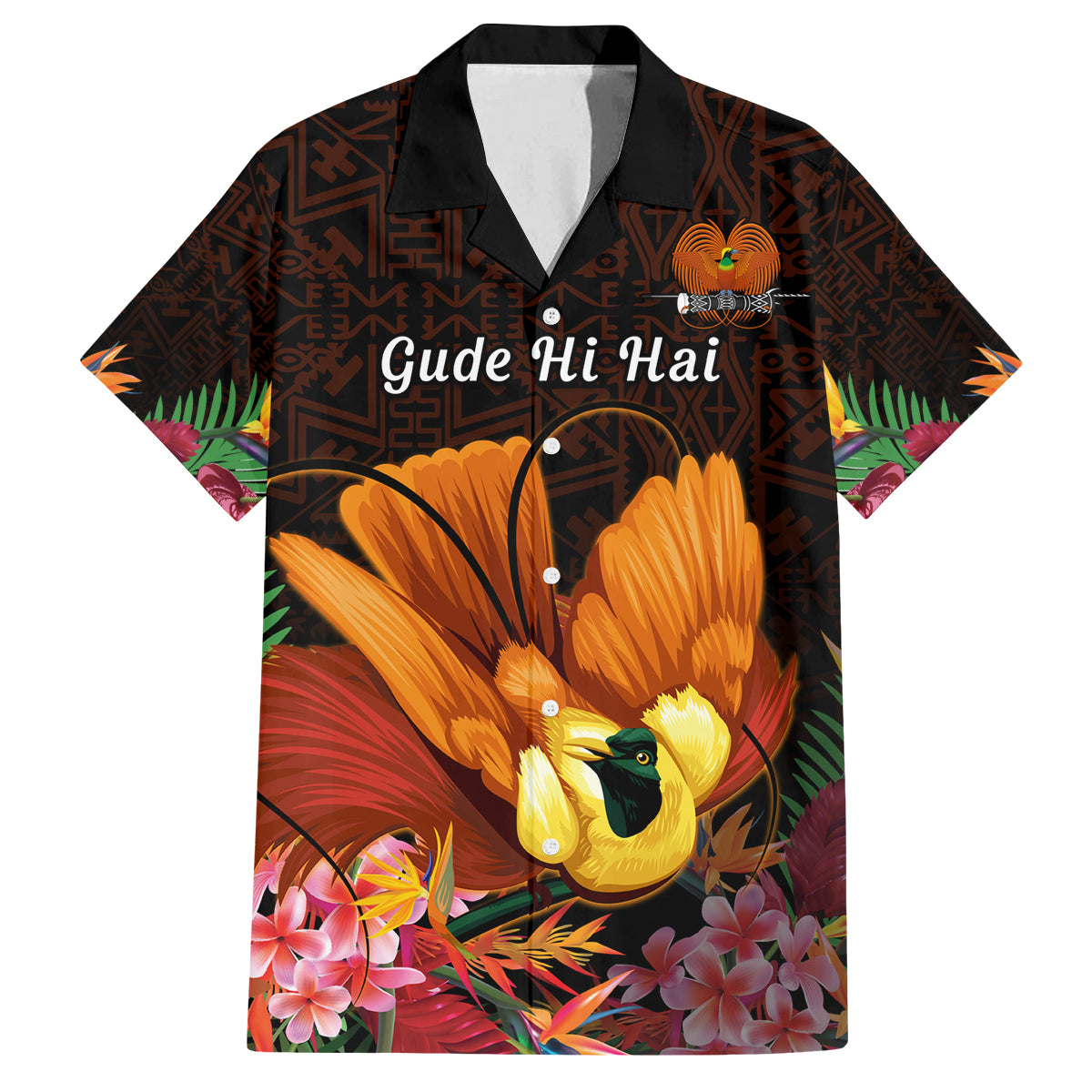 Gude Hi Hai Papua New Guinea Family Matching Summer Maxi Dress and Hawaiian Shirt Motuan PNG Raggiana Bird of Paradise Tropical Vibes LT14 Dad's Shirt - Short Sleeve Black - Polynesian Pride
