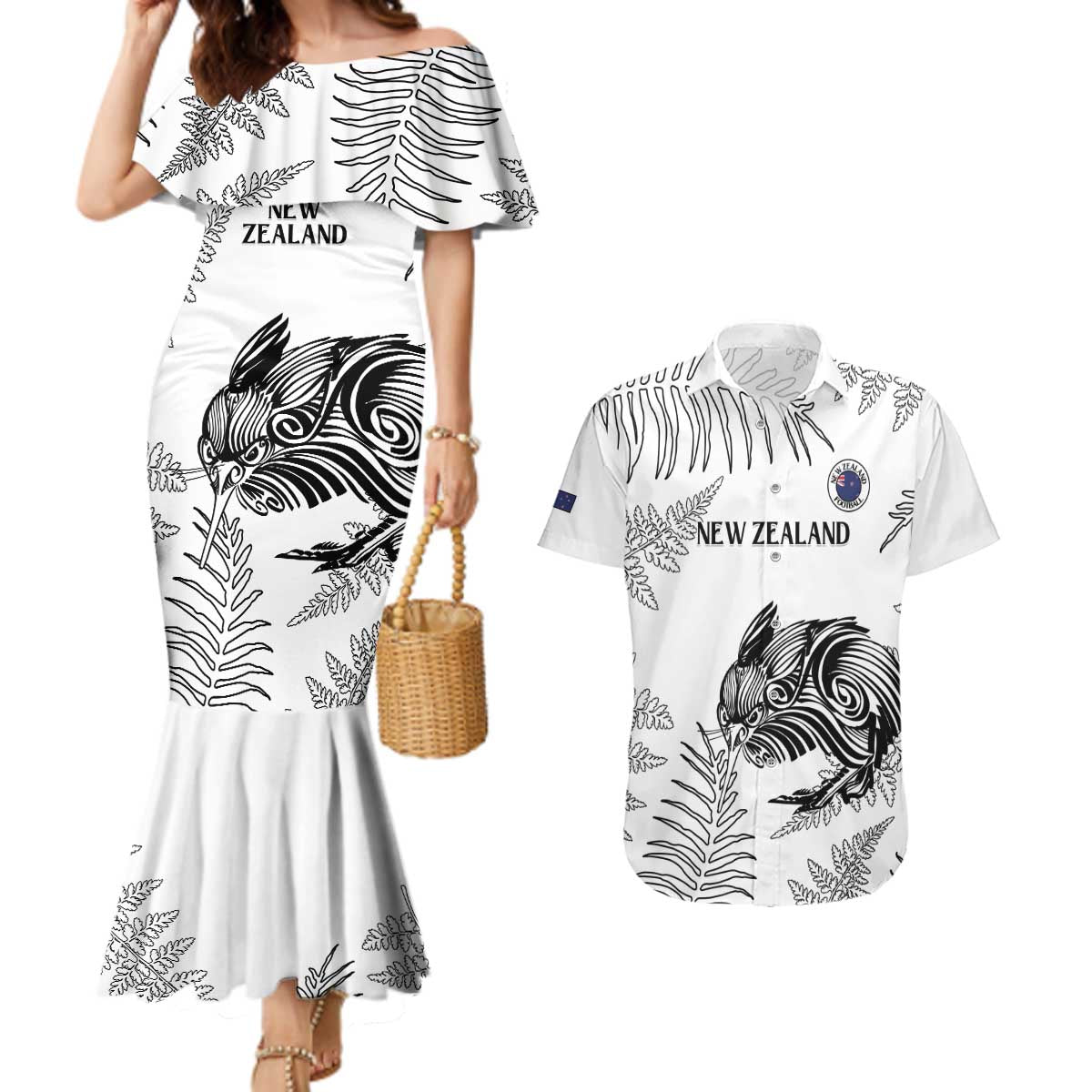 Custom New Zealand Kiwi Football Couples Matching Mermaid Dress and Hawaiian Shirt Aotearoa Silver Fern LT14 White - Polynesian Pride