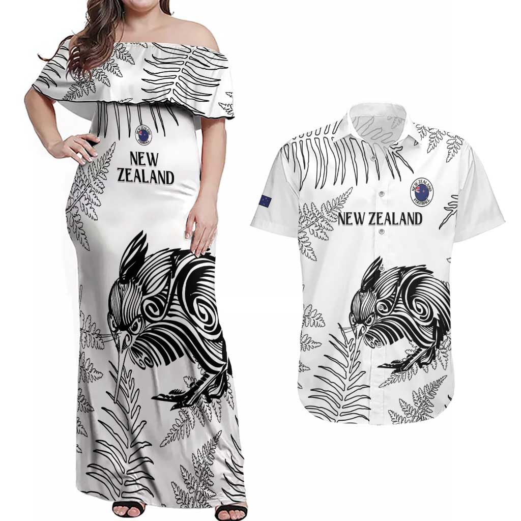 Custom New Zealand Kiwi Football Couples Matching Off Shoulder Maxi Dress and Hawaiian Shirt Aotearoa Silver Fern LT14 White - Polynesian Pride