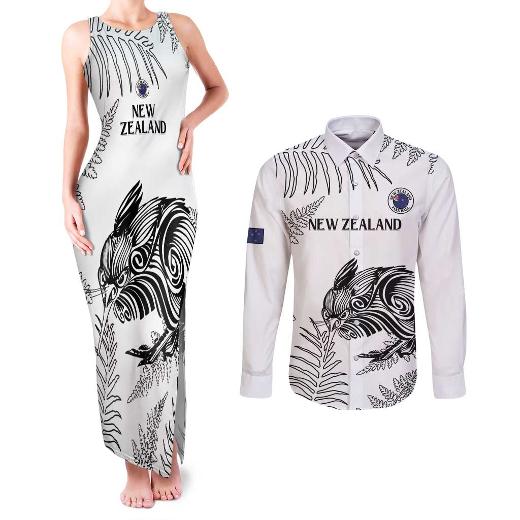 Custom New Zealand Kiwi Football Couples Matching Tank Maxi Dress and Long Sleeve Button Shirt Aotearoa Silver Fern LT14 White - Polynesian Pride